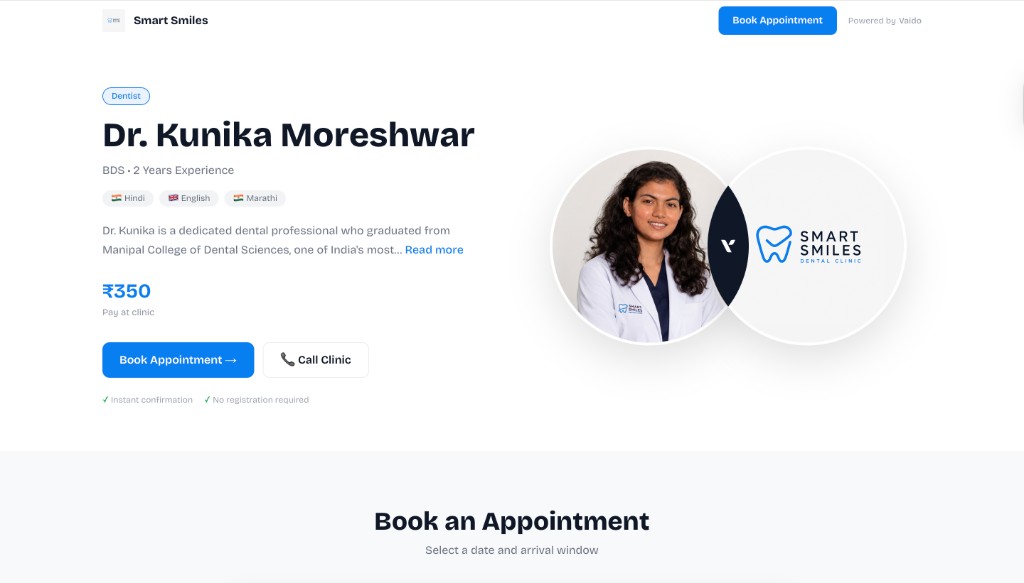 Branded Vaido clinic website with online booking
